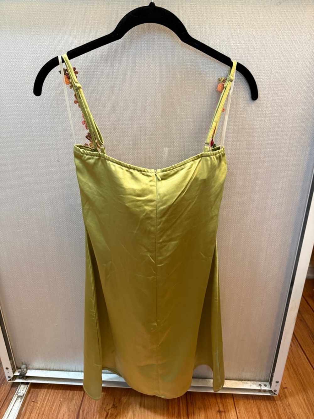 Green Satin Slip Dress with Floral Embroidered Straps - Picture 5 of 7